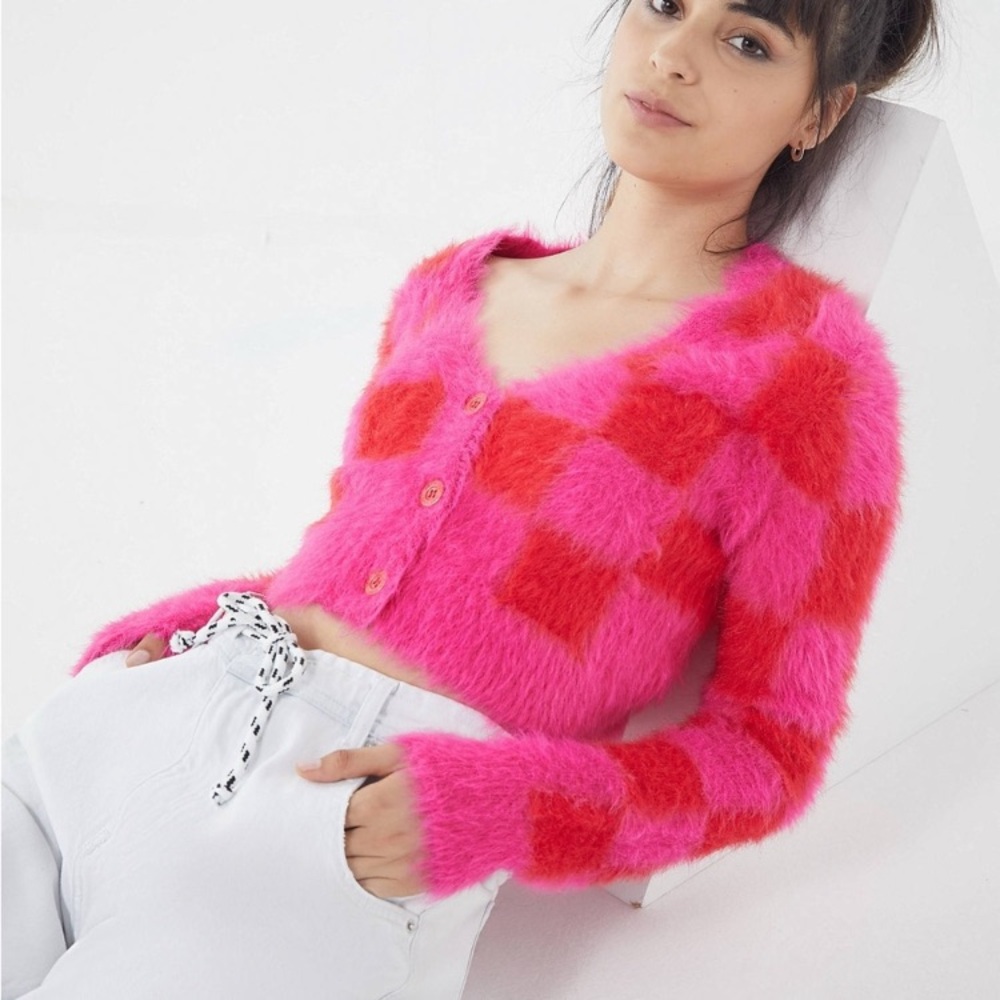 Lazy Oaf Pink and Red Checkered Fuzzy Cardigan